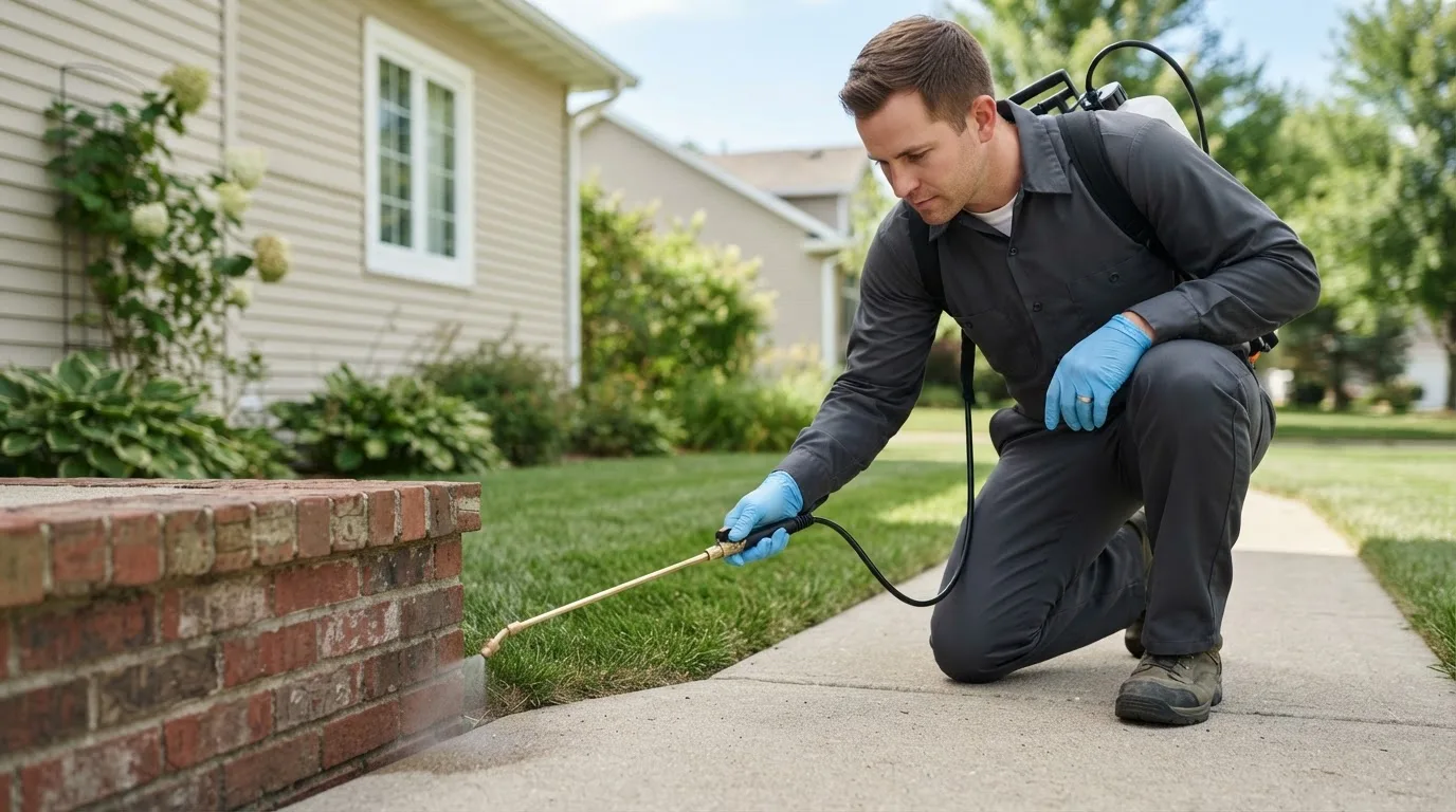 Pest control technician treating a home near Wallisville, TX