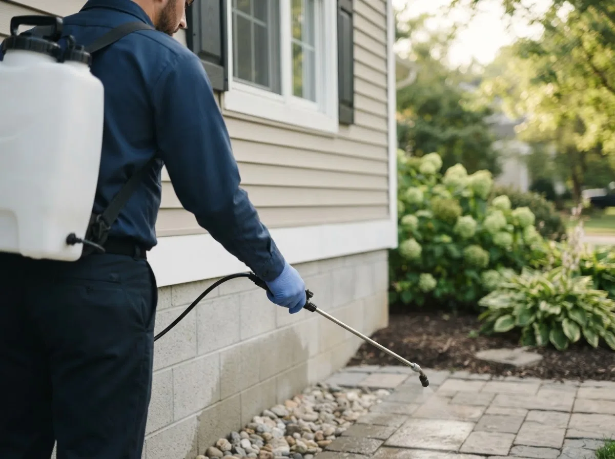 Pest control technician inspecting a home in Wallisville, TX